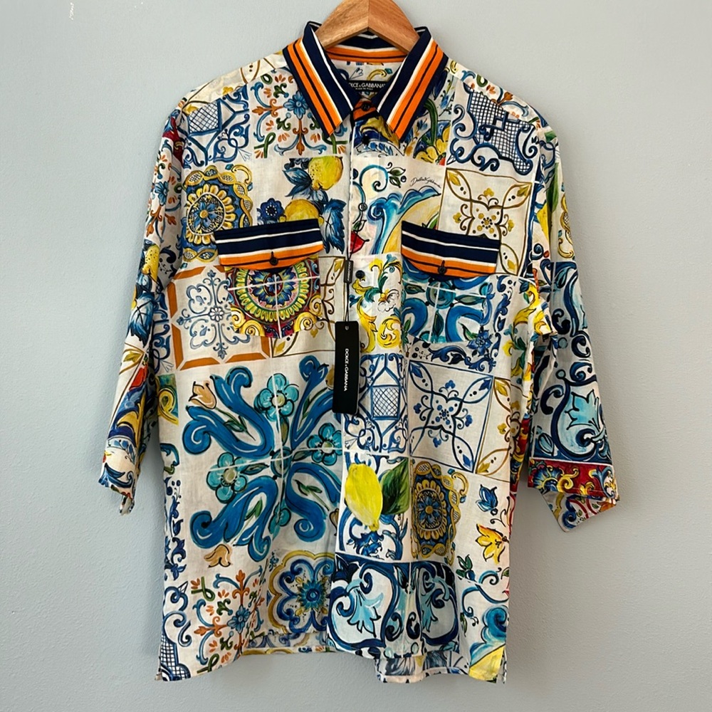 Dolce & Gabbana • NWT Majolica Print Cotton Shirt Blue White Orange Size 40 M L